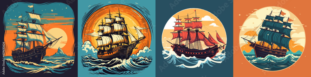Ταπετσαρία Sailing ship logo set on a colorful background