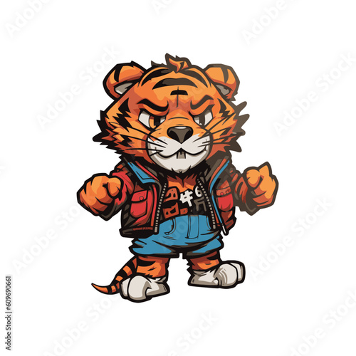 Fototapeta Naklejka Na Ścianę i Meble -  Cartoon tiger sticker. Cute tiger mascot. Vector illustration.