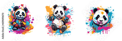 Panda with colorful splashes on a white background. Vector illustration.