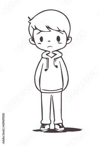 Silhouette of little boy with a worried face standing and looking at camera isolate on white background. Concept of maladjusted children, social problems, shyness...