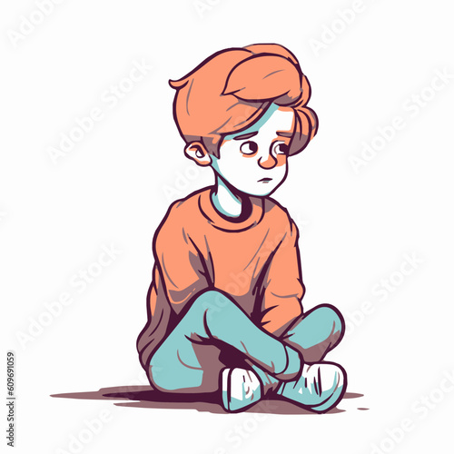 Fototapeta Naklejka Na Ścianę i Meble -  Shy and embarrassed boy with a worried face sitting on the floor. Concept of maladjusted children, social problems, shyness...