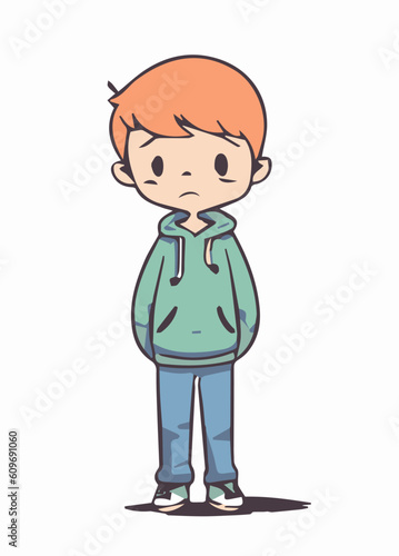 Little boy with a worried face standing and looking at camera isolate on white background. Concept of maladjusted children, social problems, shyness...