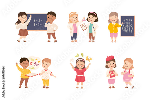 Little Boy and Girl Learning Lesson and School Subject Vector Set