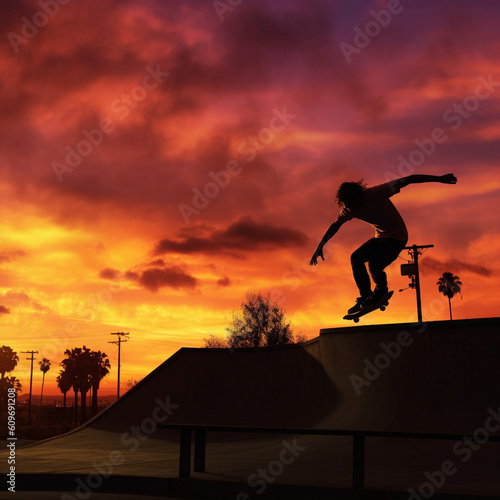 silhouette of a person jumping in skating board