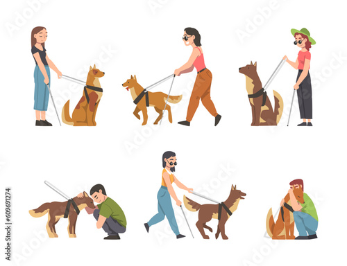 Guide Dog with Blind Man and Woman as Trained Assistance Pet and Seeing Eye Vector Set