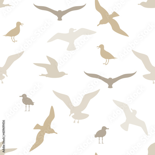 Seagulls seamless pattern. Vector background with silhouettes of sea birds in different poses.