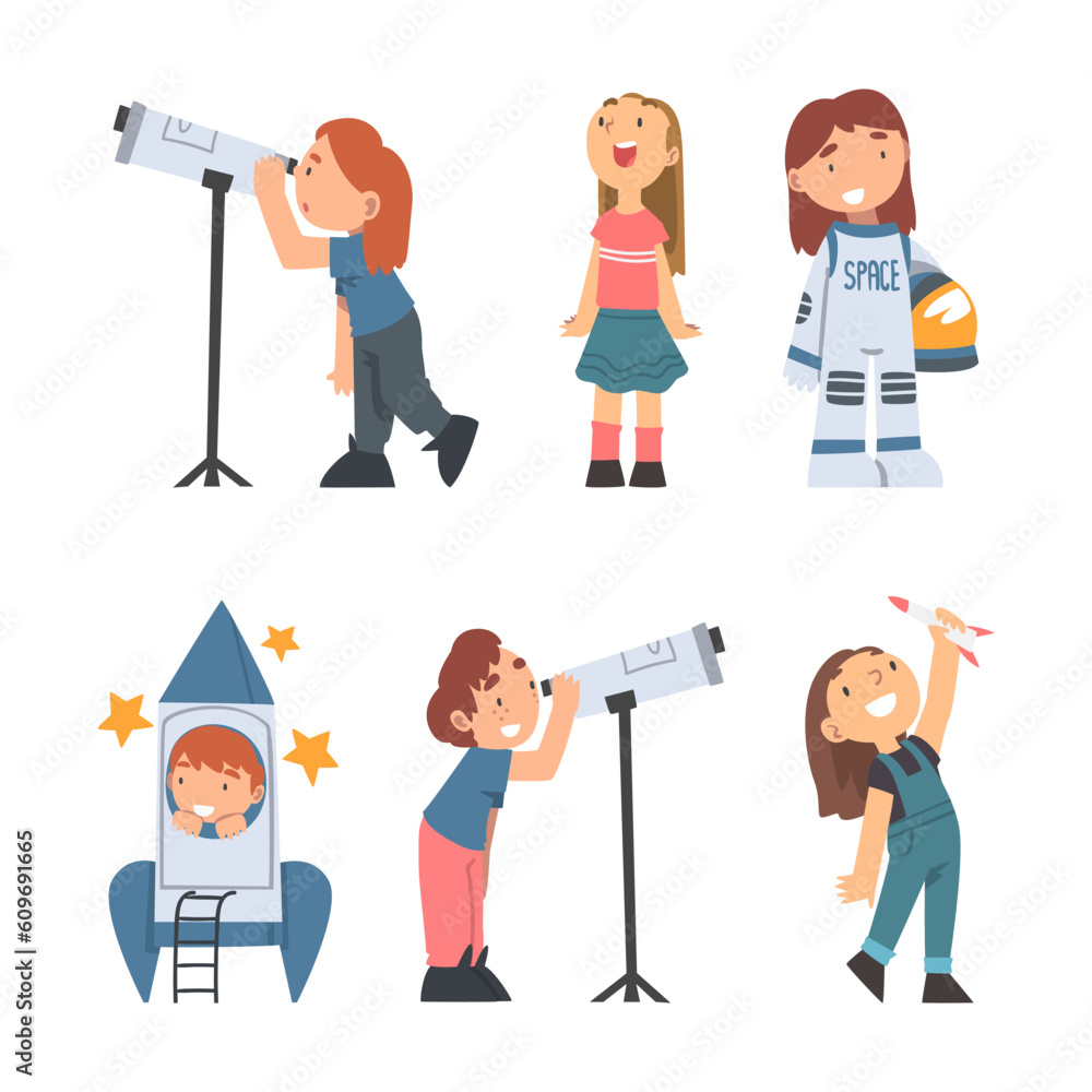 Children Characters Studying Space and Galaxy Dreaming of Being Astronaut and Playing with Spacecraft Vector Set Children Characters Studying Space and Galaxy Dreaming of Being Astronaut and Playing with Spacecraft Vector Set
