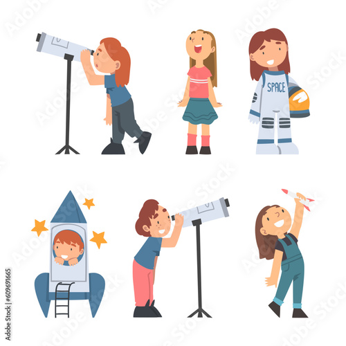 Children Characters Studying Space and Galaxy Dreaming of Being Astronaut and Playing with Spacecraft Vector Set