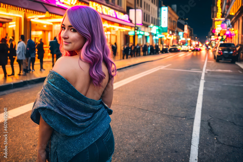 Smiling happy senior woman with long pink-violet hair walking on a night street. Travel concept. Generative AI