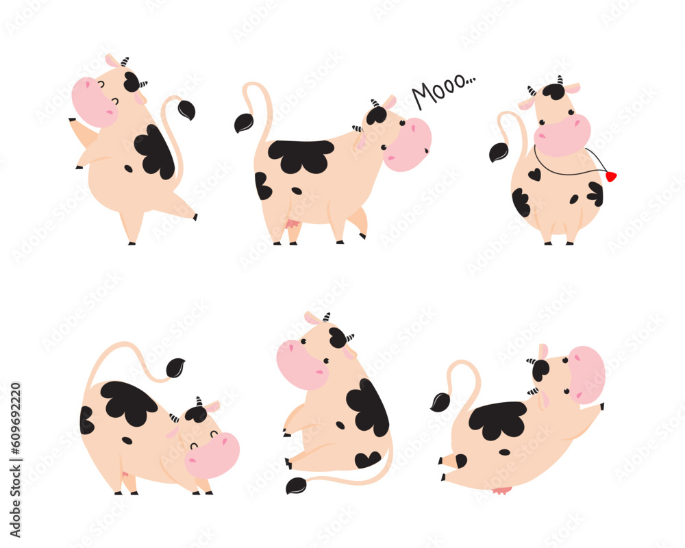 Cute Little Cow Calf with Hoof and Spotted Coat Vector Set