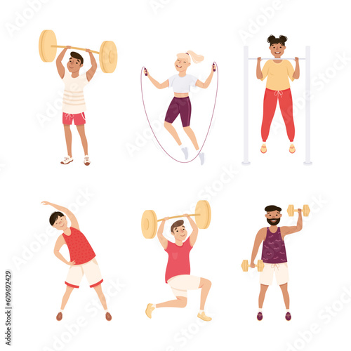 Young Male and Female in Athletic Wear at Gym Doing Physical Exercise and Workout Vector Illustration Set