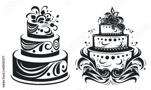 Two wedding cake silhouettes vector illustration. EPS 10