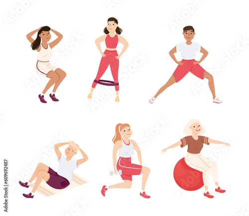Young Male and Female in Athletic Wear at Gym Doing Physical Exercise and Workout Vector Illustration Set