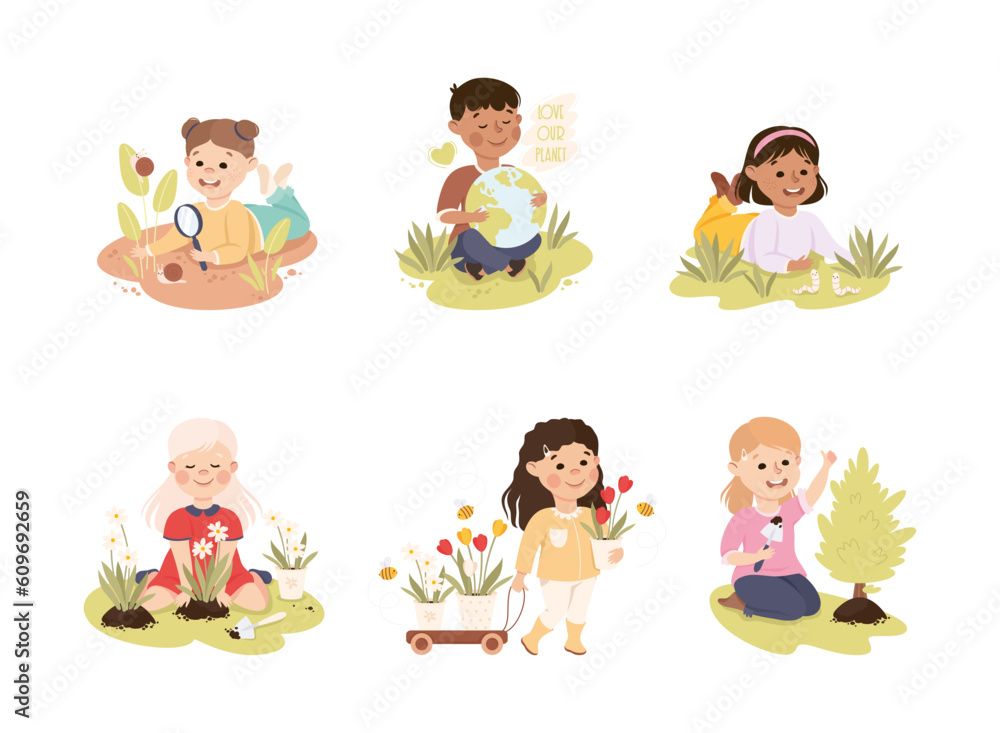 Little Boy and Girl Taking Care of Planet Earth Vector Illustration Set Little Boy and Girl Taking Care of Planet Earth Vector Illustration Set