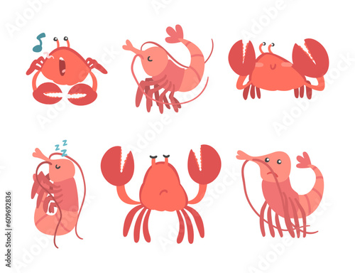 Shrimp and Crab Funny Character as Aquatic Mammal with Funny Face Vector Set