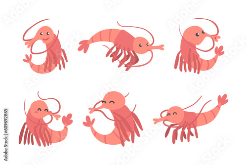 Shrimp Character as Aquatic Mammal with Funny Face Vector Illustration Set
