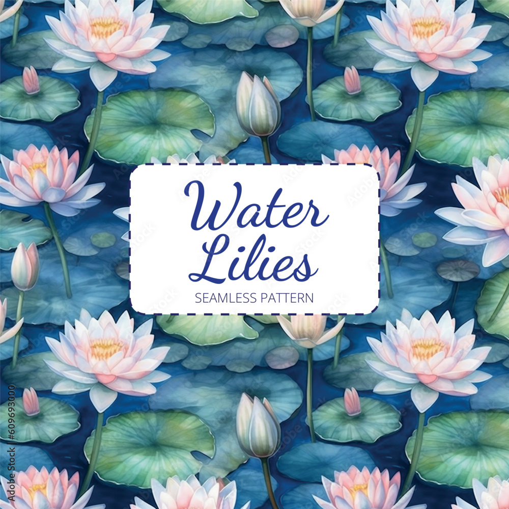 Water lilies in a pond seamless pattern - obrazy, fototapety, plakaty 