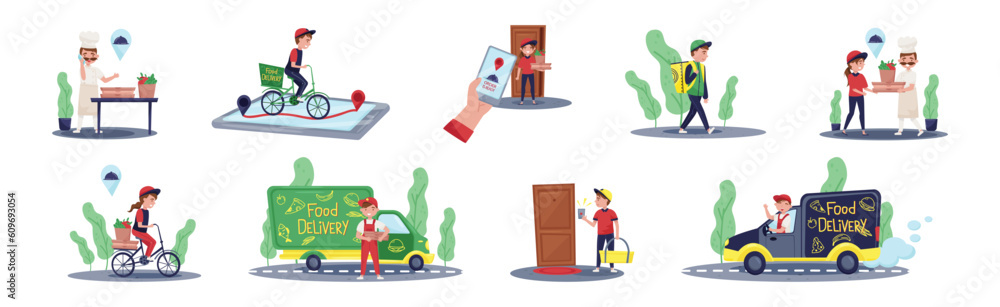 Food Delivery Service with Man and Woman Courier Serving Customer Vector Set