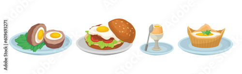 Tasty Dishes with Egg Ingredient Served Vector Set