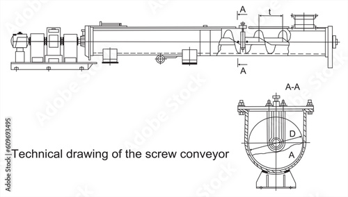 Vector mechanical drawing of the screw conveyor.
Engineering cad scheme. Technical background.