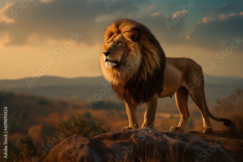  A striking image of a majestic lion in its natural habitat, showcasing strength and beauty, perfect for wildlife conservation campaigns and animal-themed publications. © Tachfine Art