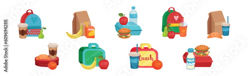 School Lunch Food Boxes and Kids Bags Vector Set