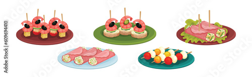 Tasty Food and Appetizer Served on Plate Vector Set