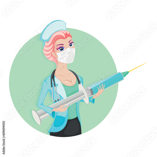 Vaccination as one of the effective countermeasures against viral infection, vaccine, medicine mask, medicine, hospital, syringe, health, injection, girl, woman, beautiful, vector, illustration, color