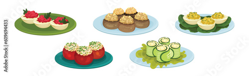 Tasty Food and Appetizer Served on Plate Vector Set