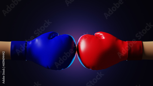 Two hands in Red and blue boxing gloves on blue background. Sports confrontation. 3D rendering.