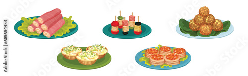 Tasty Food and Appetizer Served on Plate Vector Set