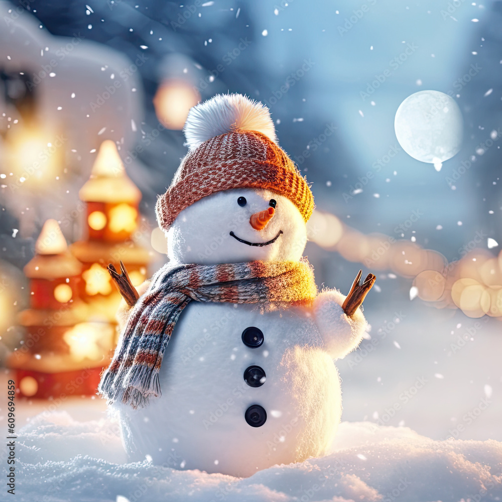 Christmas card with a happy snowman on the background of blurry houses, bokeh, forest. Snow winter background. Christmas card and holiday mood. Generative AI Christmas card with a happy snowman on the background of blurry houses, bokeh, forest. Snow winter background. Christmas card and holiday mood. Generative AI
