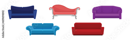 Colorful Upholstered Settee or Sofa as Furniture Items Vector Set