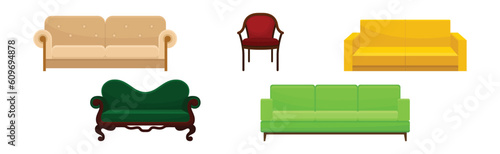 Colorful Upholstered Settee or Sofa and Chair as Furniture Items Vector Set