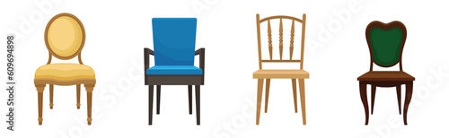 Colorful Upholstered and Wooden Chair as Furniture Items Vector Set
