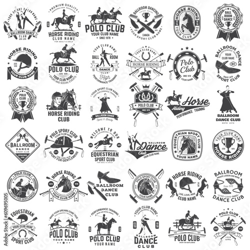 Set of Ballroom dance, polo and horse riding club sport club logos, badges design. Vector illustration. Sport sticker with equestrian, rider, helmet and horse, shoes for ballroom dancing, man and