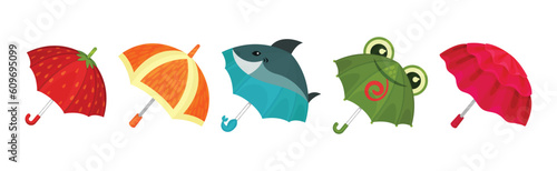 Cute Colorful Open Umbrellas as Folding Canopy with Pole Vector Set