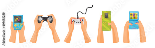 Hands Holding Gamepads or Controller Playing Video Game Vector Set