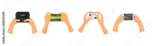 Hands Holding Gamepads or Controller Playing Video Game Vector Set