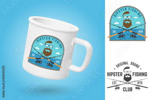 White camping cup. Realistic mug mockup template with sample design. Hipster fishing club patch. Vector illustration. Vintage typography design with fish rod silhouette