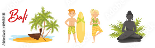 Bali Travel with Statue, Beach with Boat and Man and Woman Vector Set