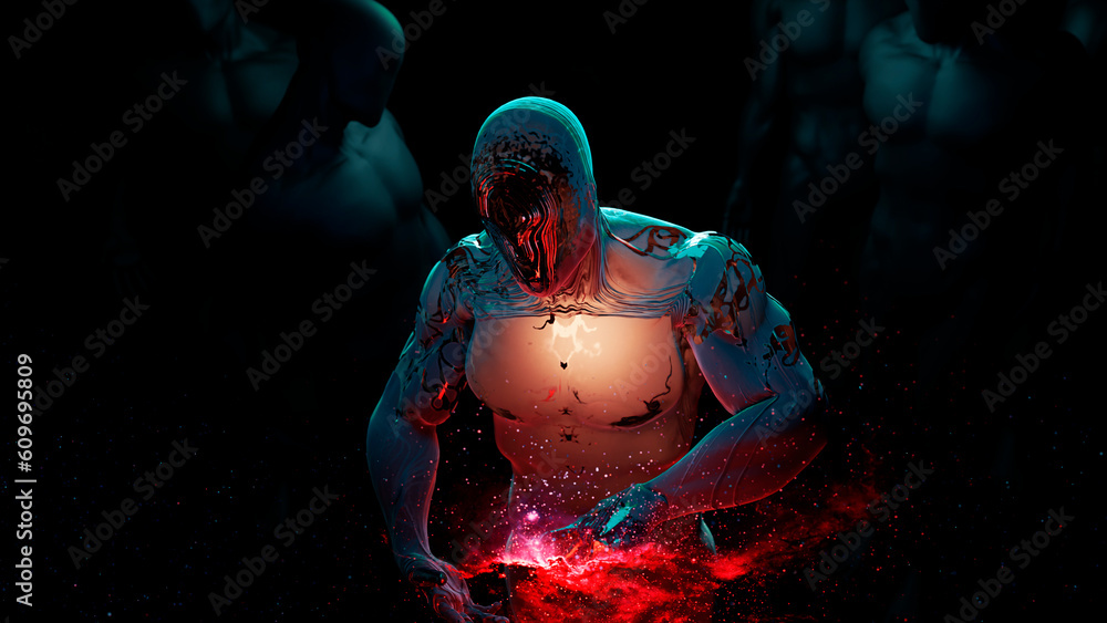 Fototapeta premium The divine demiurge touches the star nebula with his finger, the muscular figure of a deity, the moment of creation of worlds, 3d rendering