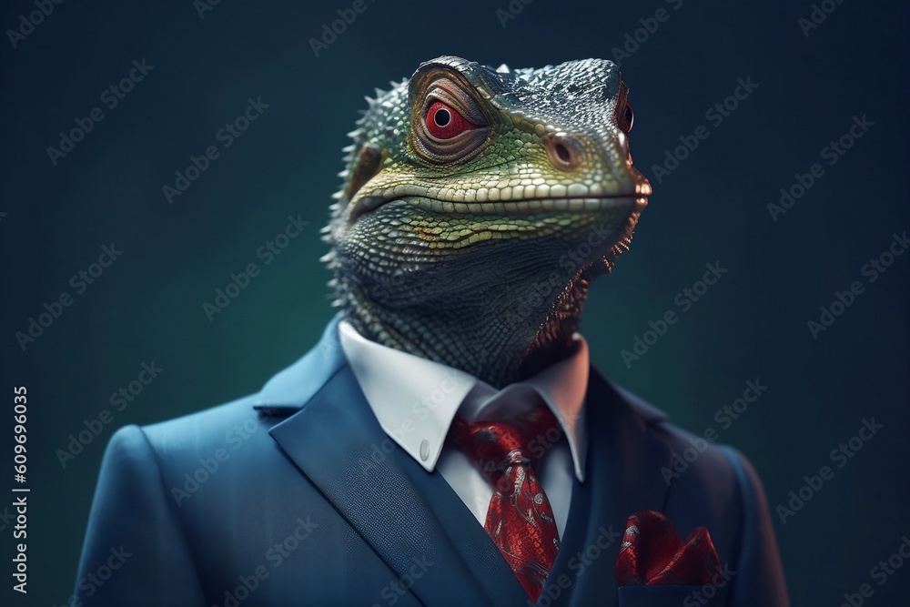 Portrait of a Lizard dressed in a formal business suit, Boss Lizard, created with generative AI Portrait of a Lizard dressed in a formal business suit, Boss Lizard, created with generative AI