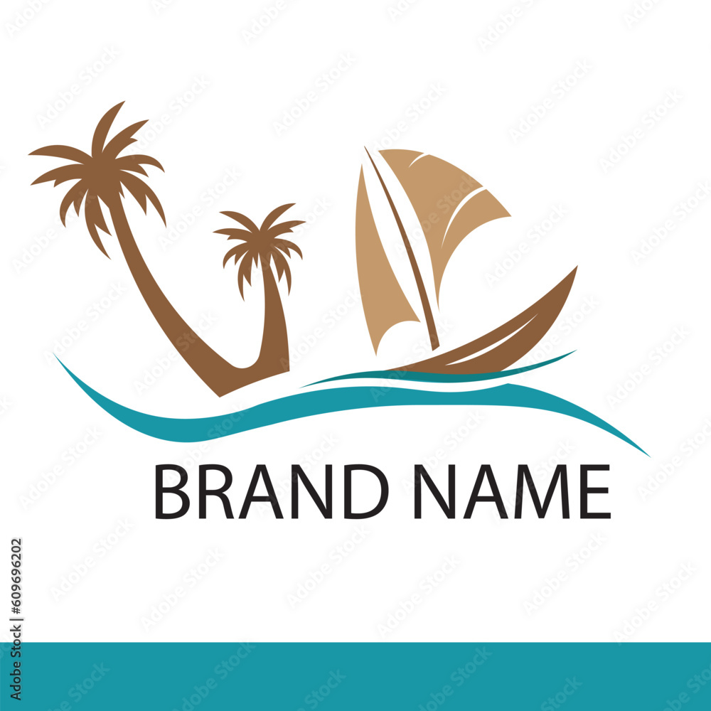 travel or business logo on the beach with the shape of a ship or boat on the sea and coconut trees. paradise beach and tourism logo
