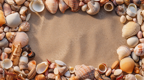 frame of seashells at the beach. summer background with copy space. Generative AI