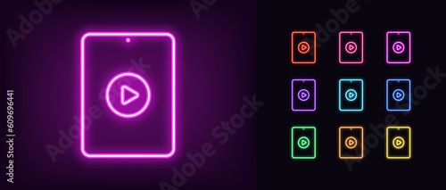 Outline neon multimedia tablet icon set. Glowing neon tablet screen frame with play sign, video content pictogram. Play button, video channel, music player, entertaining media and show