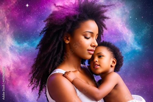 Digital photo of the ebony mother holds the child in her arms and wonderful Universe night Stars at the background. Generative AI