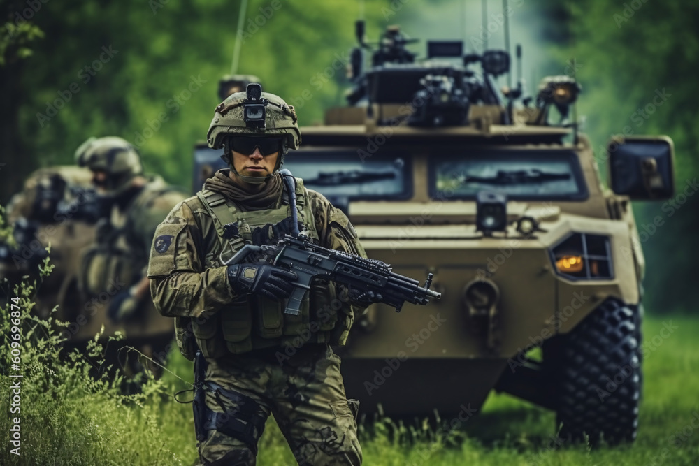 Fototapeta premium anti terrorist special force squad on action with military troops carrier in background