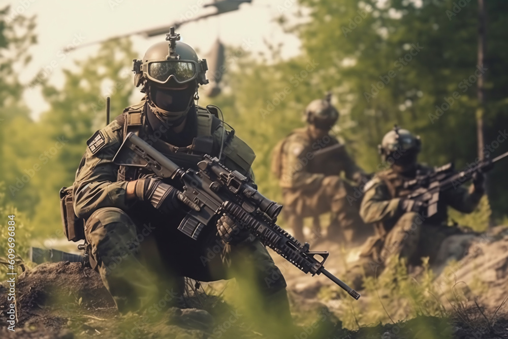 anti terrorist special force squad on action with military troops carrier in background anti terrorist special force squad on action with military troops carrier in background