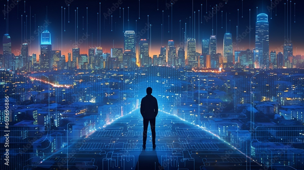 Online landscape with a person trying to navigate it Online landscape with a person trying to navigate it